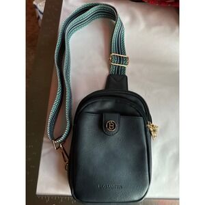 Bostanten Navy Blue Vegan Leather Sling Bag Crossbody Guitar Strap Gold Hardware
